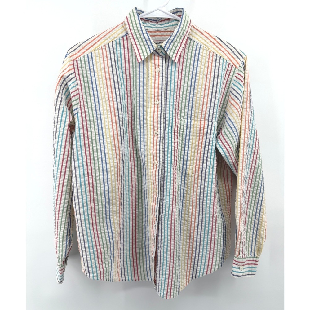 Talbots Rainbow Stripe Shirt Seersucker Multi Color Cotton Women S Petite VTG